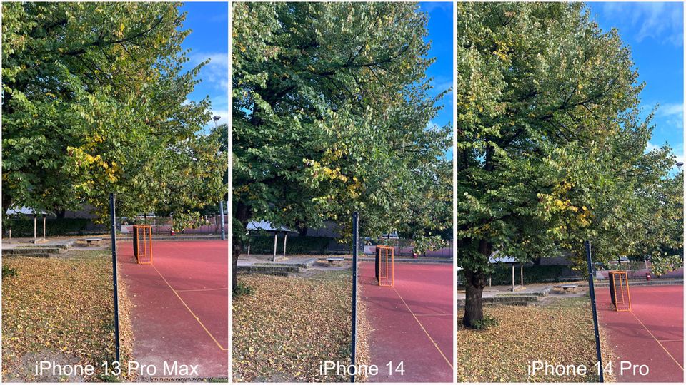 À la lumière du jour, l'iPhone 13 Pro Max (à gauche), l'iPhone 14 (au centre) et l'iPhone 14 pro (à droite) ne se ressemblent pas beaucoup. Tous affichent ce qu'ils voient de manière nette, contrastée et fidèle aux couleurs. Les pros affichent des couleurs un peu plus vives